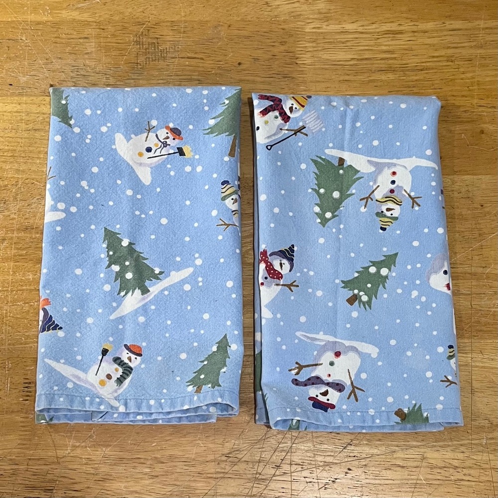 Crate & Barrel Blue Snowman Trees Cotton Kitchen Towels Set of 2 Vtg Holiday